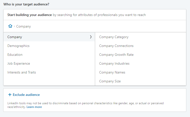 Screenshot of LinkedIn's new targeting options